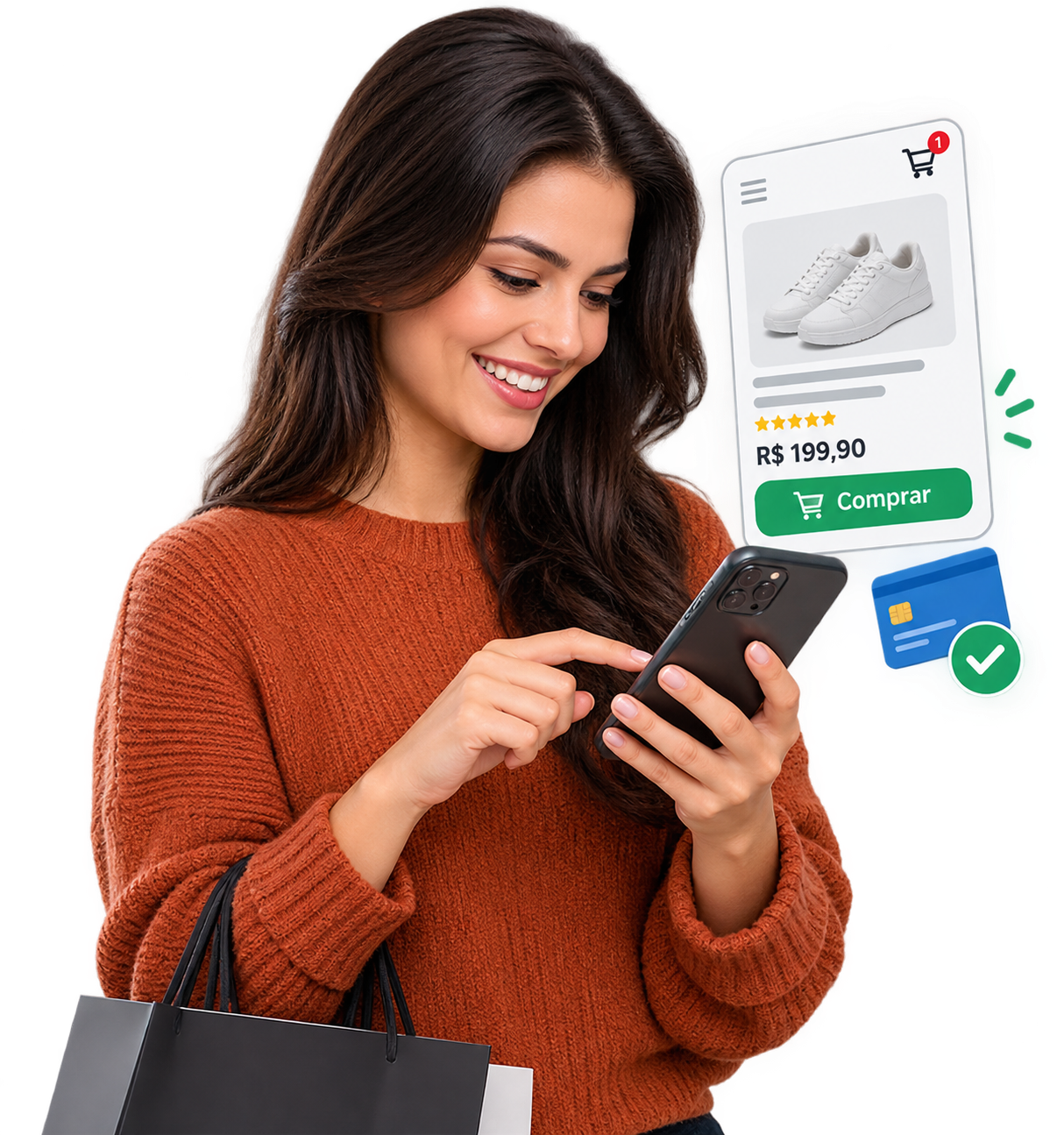 Cliente comprando pelo celular, direto na loja sincronizada com o ERP